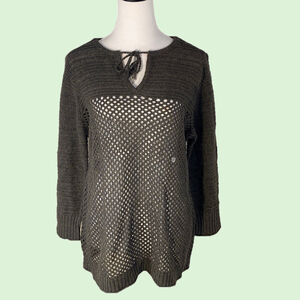 Eddie Bauer Sweater Top‎ Crochet Open Knit V-Neck Tunic Linen/Cotton Green Sz L